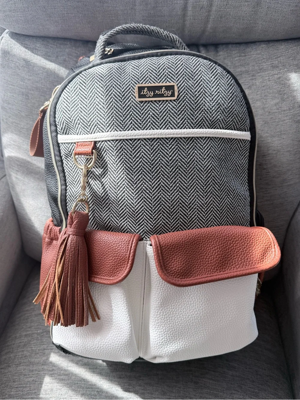 Itzy Ritzy Gray Herringbone Backpack with White & Rust Accents